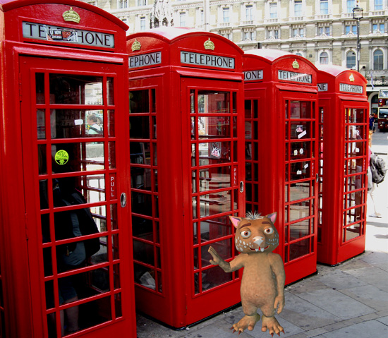 Fraz at some red London phone booths